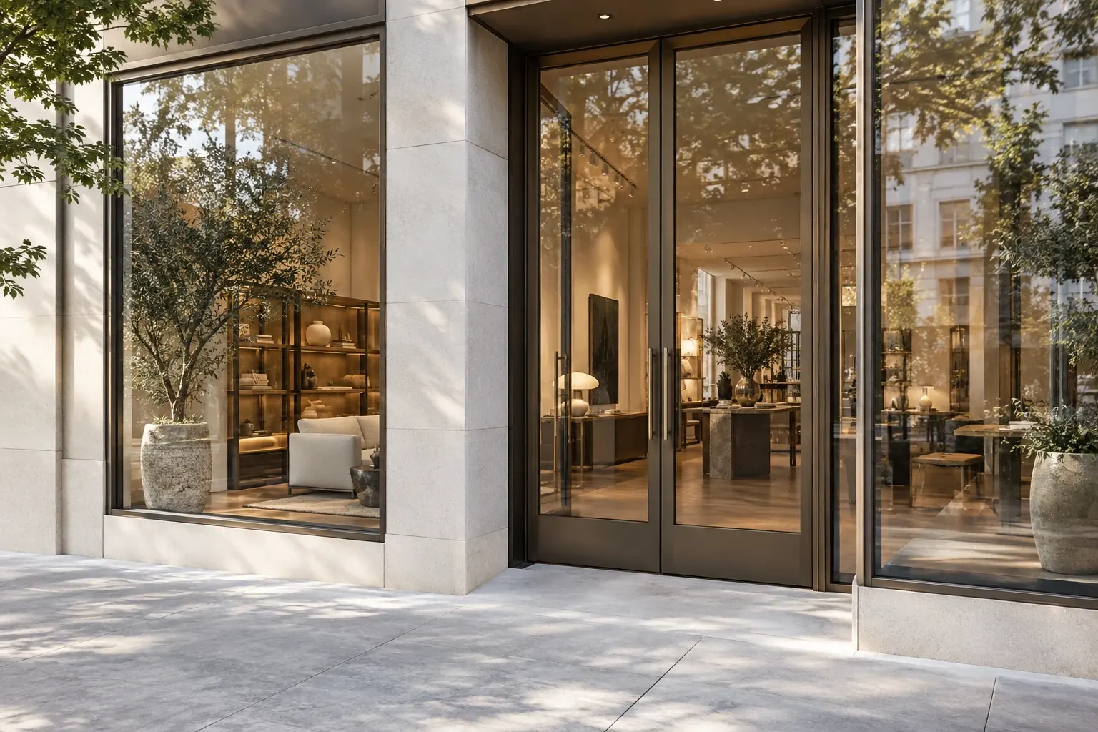 Illustrative business storefront and glass entrance