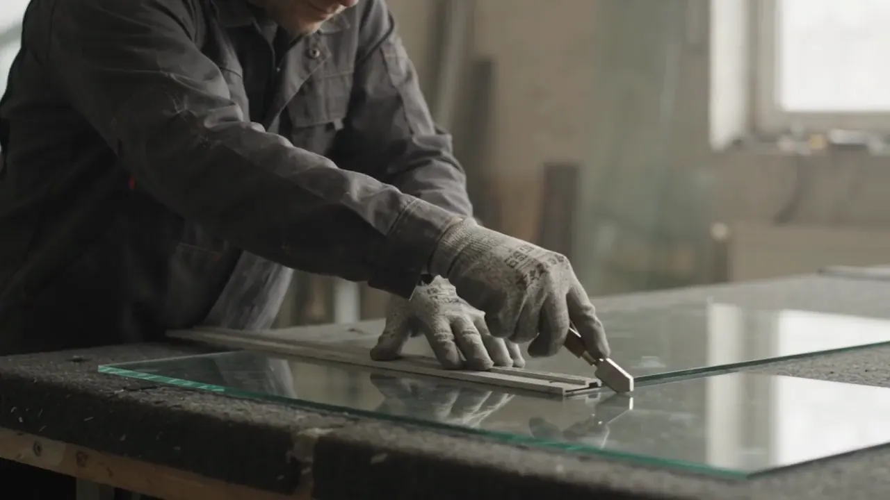 Illustrative technician scoring a glass pane in a workshop